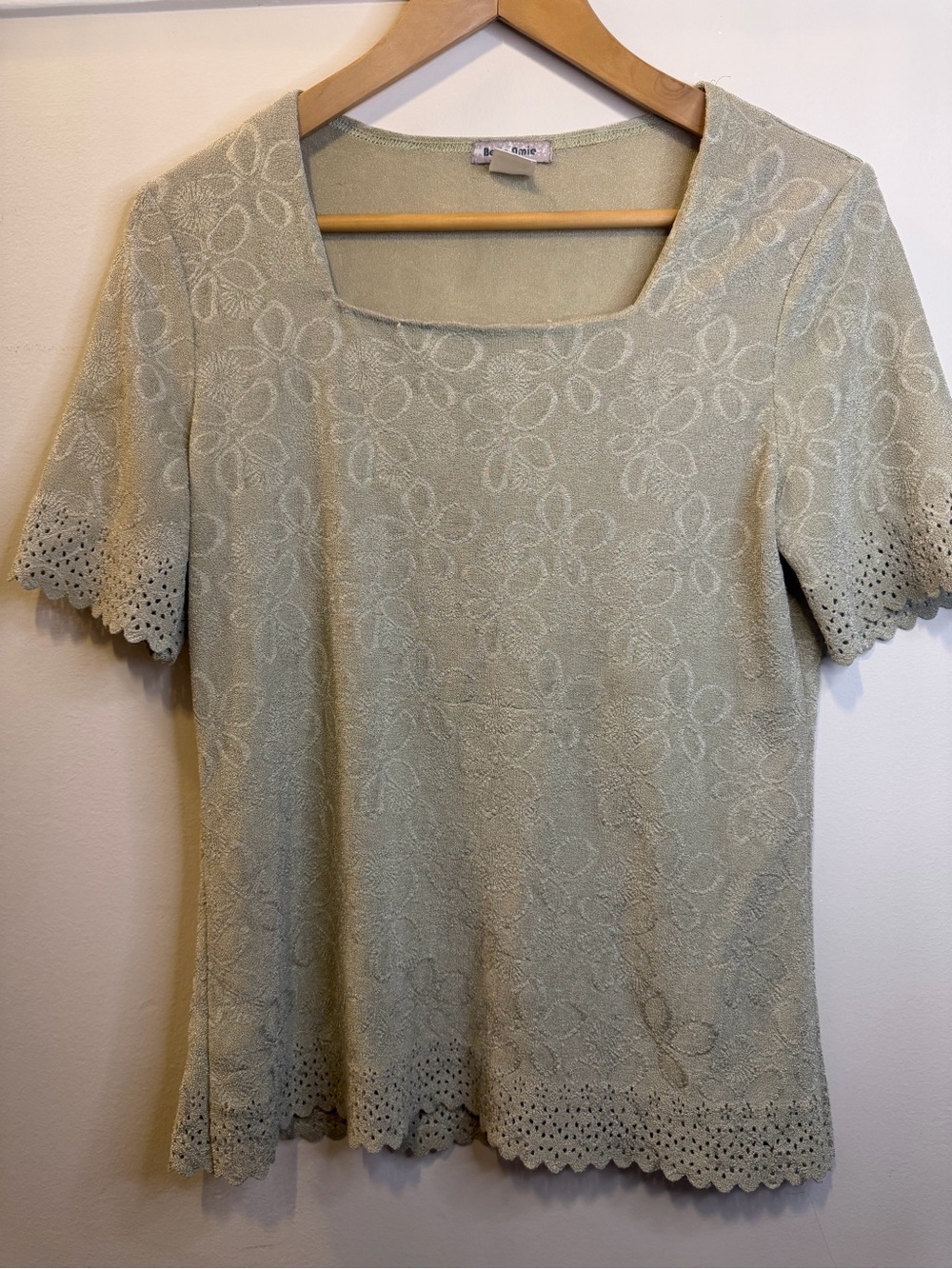 Vintage belle amie Light Sage Floral Eyelet Knit Top with Square Neck